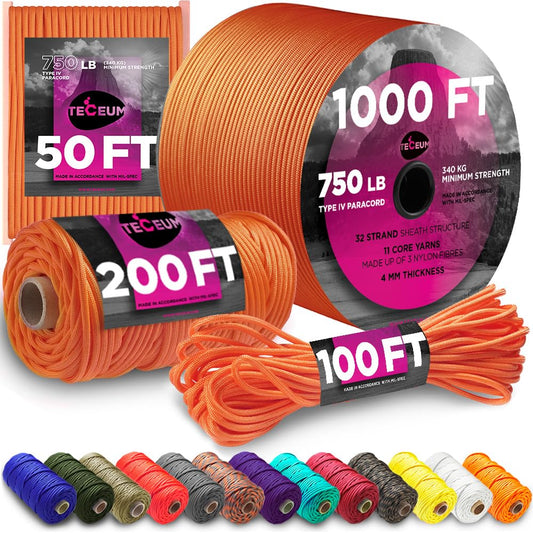 TECEUM Paracord Type IV 750 lb Royal Orange – 50 ft – 100% Nylon Strong Tactical MIL–SPEC Parachute Cord – Survival Rope Emergency para Cord 11 Strands Core EDC Camping Hiking Military Gear 044-1а