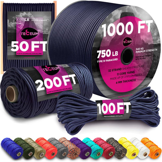 TECEUM Paracord Type IV 750 lb Navy Blue – 50 ft – 4mm – 100% Nylon Strong Tactical MIL–SPEC Parachute Cord – Survival Rope Emergency Para Cord 11 Strands Core EDC Camping Hiking Military Gear 038а