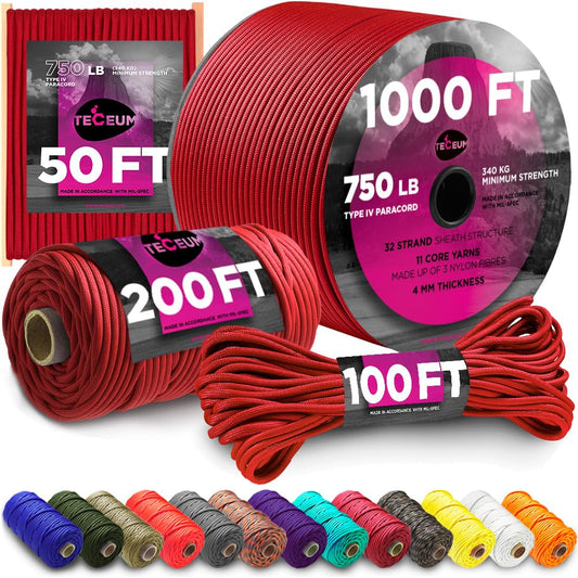 TECEUM Paracord Type IV 750 lb Red (Fire) – 50 ft – 4mm – 100% Nylon Strong Tactical MIL–SPEC Parachute Cord – Survival Rope Emergency Para Cord 11 Strands Core EDC Camping Hiking Military Gear 021а