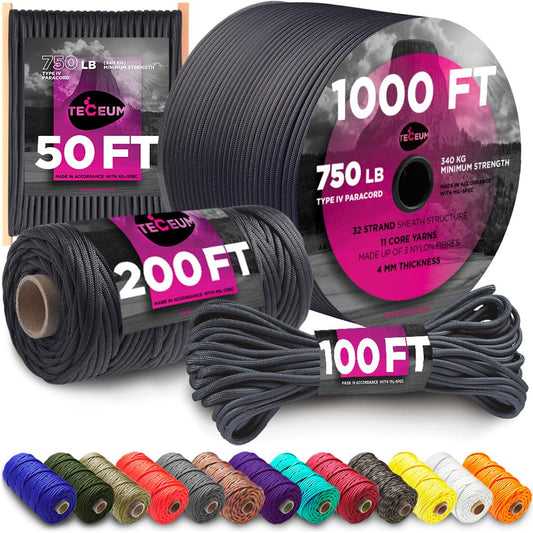 TECEUM Paracord Type IV 750 lb Basalt – 50 ft – 4mm – 100% Nylon Strong Tactical MIL–SPEC Parachute Cord – Survival Rope Emergency para Cord 11 Strands Core EDC Camping Hiking Military Gear 409а