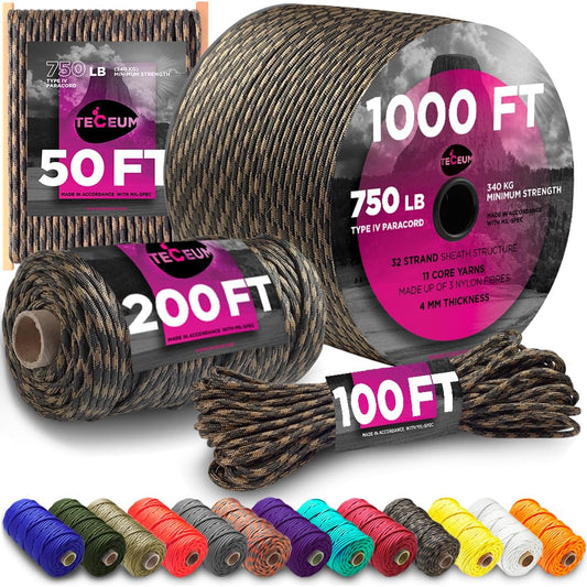 TECEUM Paracord Type IV 750 lb Uabite – 50 ft – 4mm – 100% Nylon Strong Tactical MIL–SPEC Parachute Cord – Survival Rope Emergency para Cord 11 Strands Core EDC Camping Hiking Military Gear 320a