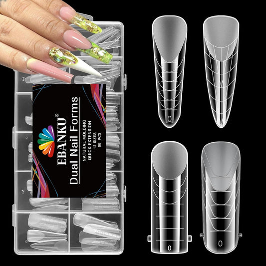 EBANKU Dual Nail Forms for Poly Extension Gel, 96 PCS Clear Nail Molds Reusable Nail Extension Forms for Builder Gel Manicure Design Salon DIY-12 Sizes