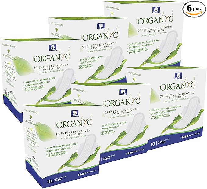 Organyc 100% Certified Organic Cotton Feminine Pads with Wings, Heavy Flow/Absorbency, 10 Count (Pack of 6)