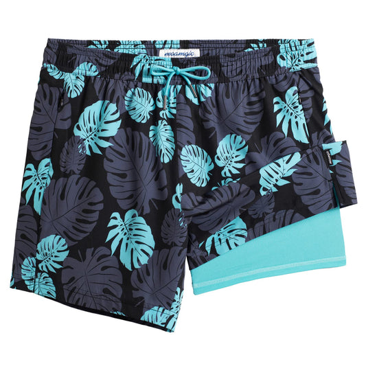 maamgic Mens Swim Trunks with Compression Liner 5" Stretch Athletic Swimming shorts Quick Dry with Zipper Pockets No-Chafing Board Shorts Black-Lake Blue Leaves XS