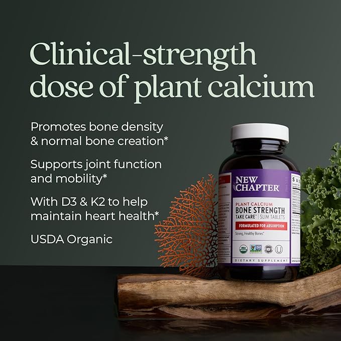 New Chapter Calcium Supplement - Bone Strength Organic Calcium with Magnesium, Vitamin D3+K2, 70+ Trace Minerals for Bone Health, Gluten Free, Easy to Swallow Slim Tablets - 60 Count