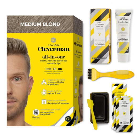 Cleverman Medium Blond All-in-One Reusable Kit for Men's Natural-Looking Gray Coverage - Professional-Quality Hair, Beard & Mustache Color, Ammonia-Free