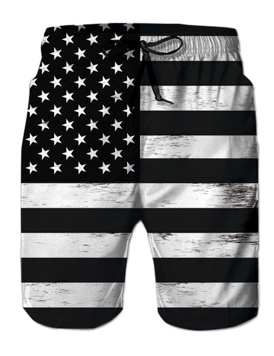 uideazone Men's 3D Black White American Flag Print Beach Short Quick Dry Surfing Boardshorts with Pocket