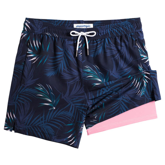 maamgic Mens Swim Trunks with Compression Liner 5" Stretch Athletic Swimming shorts Quick Dry with Zipper Pockets No-Chafing Board Shorts Navy-Pink Leaf Silhouette X-Small