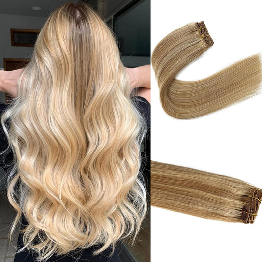 Clip in Hair Extensions Highlighted Human Hair 14 Inch 70g Remy Hair Clip in Ash Blonde with Bleach Blonde Human Hair Extensions Blonde Clip in Hair Extensions Straight Hair 7Pcs
