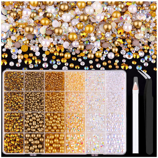 9000PCS Flatback Pearls and Rhinestones for Crafting, White Brown Mixed Size 3-10mm Resin Rhinestones and Half Pearls for Bedazzling, Nail Art and Decoration with Tweezer and Pickup Pencil