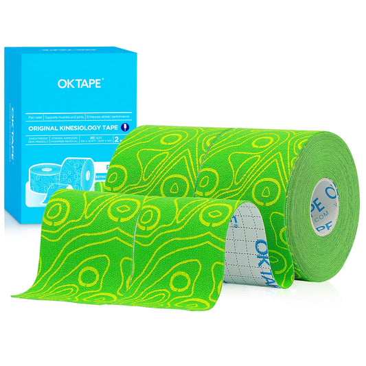OK TAPE PRO Kinesiology Tape, 2inch x Long Roll 16ft Free Cut Tape, Elastic Athletic Tape Therapeutic Latex Free, 2 Rolls Yellow+Green