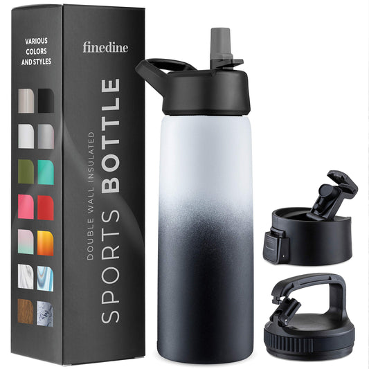 FineDine Triple Walled, Insulated Water Bottles with Straw - 25 Oz Stainless Steel Metal Bottle W/ 3 Leak Proof Lids - For Travel, School, Sports, Gym / Men, Women & Kids - Dreamy Black-White