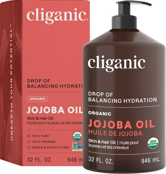 Cliganic Organic Jojoba Oil 32 oz, 100% Pure | Bulk, Natural Cold Pressed Unrefined Hexane Free Oil for Hair & Face