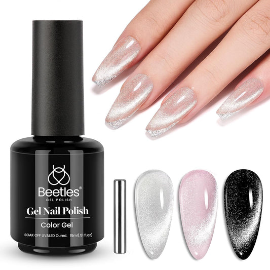 Beetles Silver Cat Eye Gel Nail Polish - Star Cascade Glitter Cat Eye Gel Polish, Wedding Beauty Color with Magnet Soak Off UV Velvet Nail Polish Salon DIY Manicure Gift for Women 15ML