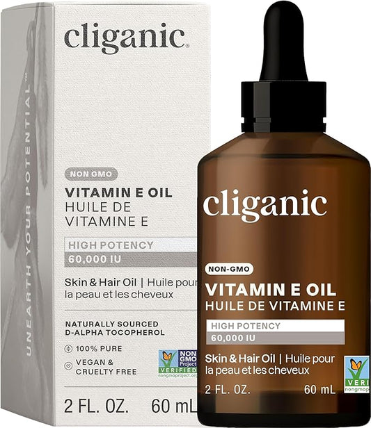 Cliganic 100% Pure Vitamin E Oil for Skin, Hair & Face - 60,000 IU, Non-GMO Verified | Natural D-Alpha Tocopherol (Packaging May Vary)