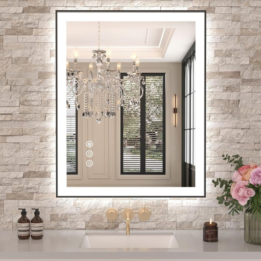 Amorho 24"x 30" LED Bathroom Mirror with Black Frame, Front Light and Backlit(Controlled Separately), Stepless Dimmable, Anti-Fog, Shatter-Proof, 3 Colors, Memory