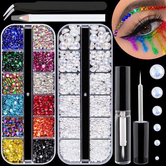Colorful Flatback Face Gems and White AB Pearls for Makeup with Quick Dry Glue, Half Round Pearls Nail Art Rhinestones Glass Crystal Beads for Make-up Deco with Pickup Pencil + Tweezer