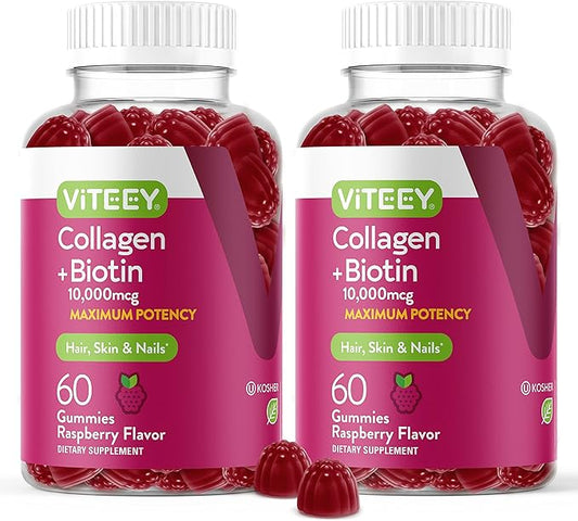 Collagen and Biotin Gummies for Hair Skin and Nails - Hair Growth Vitamins, Nail Growth, Skin Vitamins - Biotin and Collagen Gummies for Women, Men, & Teens - Tasty Chewable Raspberry Flavored Gummy