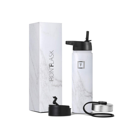 IRON °FLASK Camping & Hiking Hydration Flask, Wide Mouth, 3 Straw Lids, Stainless Steel Outdoor Water Bottle, Double Walled, Insulated Thermos, Metal Canteen - Carrara Marble, 22 Oz