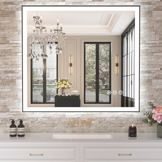 Amorho 40" X36" LED Bathroom Mirror with Black Frame, Front Light and Backlit(Controlled Separately), Stepless Dimmable, Anti-Fog, Shatter-Proof, 3 Colors, Memory