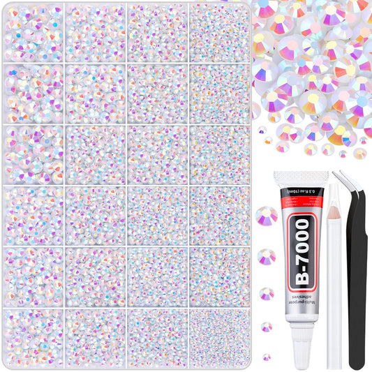 30000Pcs White AB Rhinestones for Bedazzling with B7000 Jewelry Glue, Bedazzler Kit Flatback Gems, Resin Rhinestones for Crafting Crafts Clothing Shoes Fabric Nail Art Assorted Size 2/3/4/5/6mm