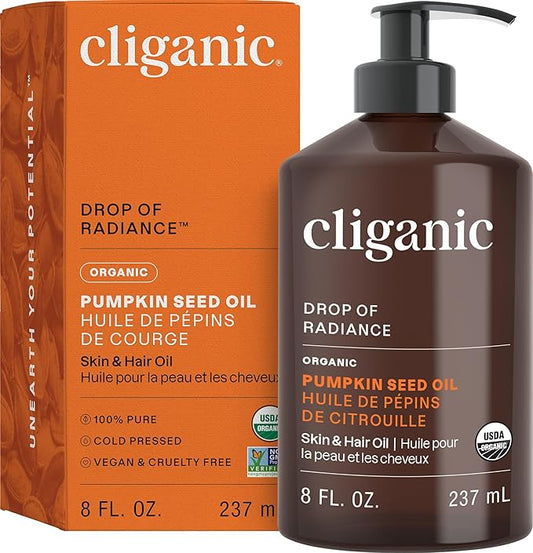 Cliganic Organic Pumpkin Seed Oil, 100% Pure - For Face & Hair | Natural Cold Pressed Unrefined (Packaging May Vary)