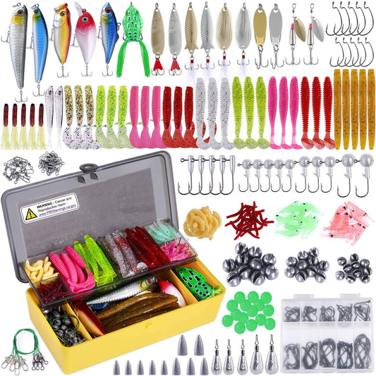 PLUSINNO Fishing Lures Baits Tackle including Crankbaits, Spinnerbaits, Plastic worms, Jigs, Topwater Lures, Tackle Box and More Fishing Gear Lures Kit Set, 102/302Pcs Fishing Lure Tackle