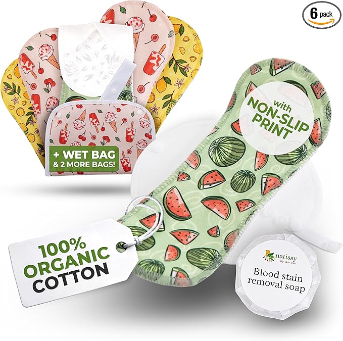Non-Slip Reusable Period Pads for Teen Girls (S+M, 6-Pack); High-Temp Washable Organic Cotton Cloth Pads; Reliable, Non-Irritating, Soft Reusable Menstrual for Secure & Comfortable First Period