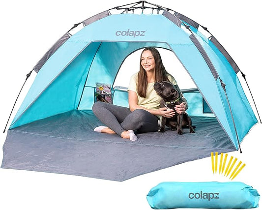 Colapz Beach Tent Pop Up Shade. Luxury Holiday Shade SPF50+ Easy to Use Pop Up Beach Tent. Portable & Lightweight Cabana. Wind & Sun Shelter