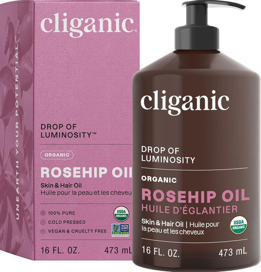 Cliganic Organic Rosehip Seed Oil 16oz with Pump for Face, Hair & Body, 100% Pure (Packaging May Vary)