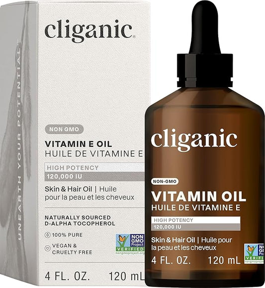Cliganic 100% Pure Vitamin E Oil for Skin, Hair & Face - 120,000 IU, Non-GMO Verified | Natural D-Alpha Tocopherol (Packaging May Vary)