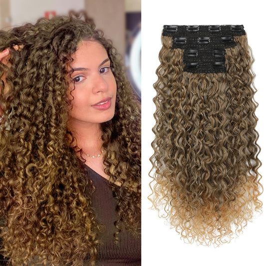 Clip in Hair Extensions, FLUFYMOOZ 4PC 100％ Pure Protein Silk Hair Extensions Long Soft Natural Hairpiece 20 Inch Curly Hair Extension for Women (Medium Golden Brown to Blonde)