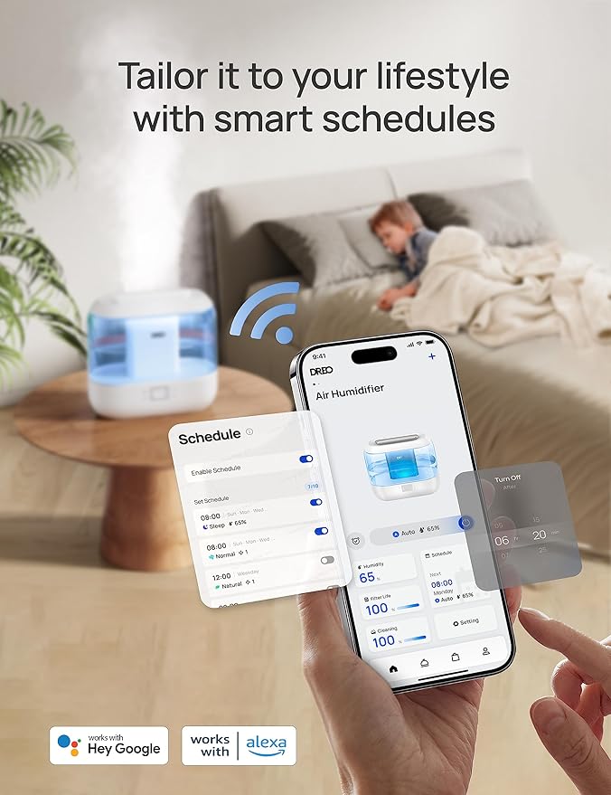 Dreo Humidifiers for Bedroom, Top Fill 4L Smart Cool Mist Humidifier with Oil Diffuser, Cartridge, Nightlight, 32H Runtime, Quiet Ultrasonic Humidifiers for Home, Baby Nursery, Plants, Office, HM311S