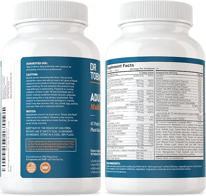 Dr. Tobias Adult Multivamin & Oregano and Caprylic Acid Supports Energy, Immune & Intestinal Health, Gut Flora Balance Complex, 42 Fruits & Vegetables with Probiotics & Herbs for Men & Women