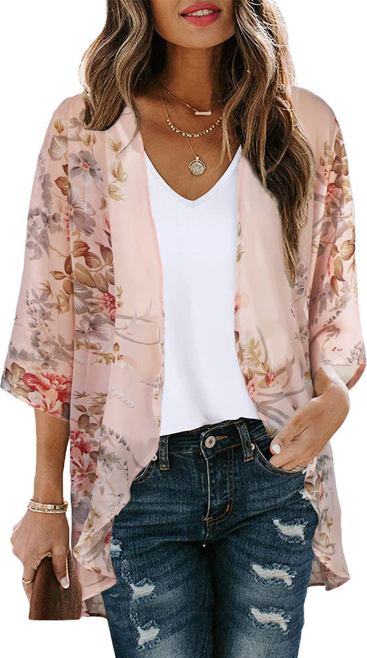 Womens Kimono Cardigans Floral Tops Sheer Beach Cover Ups Chiffon Open Front Thin Jacket Shirts （Pink Flowers,S