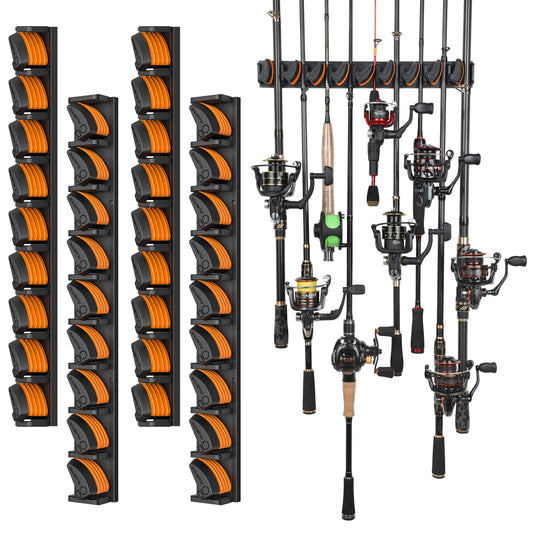 PLUSINNO V9 Vertical Fishing Rod Holders, 4 Packs Wall Mounted Fishing Pole Holders, Fishing Rod Racks Hold Up to 36 Rods or Combos, Fishing Rod Holders for Garage, Fits Most Rods of Diameter 3-19mm
