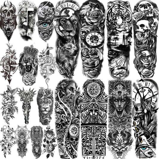 COKTAK 21 Sheets Extra Large Black Temporary Tattoos For Women Adults Greek Myth With 8 Sheets Full Arm Sleeve For Men Maori Warrior Compass and 13 Sheets Fake Large 3D Tatoo Stickers