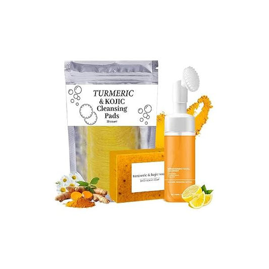 Turmeric Wash and Care Three Piece Set, Trio: Facial Wash, Cleansing Mousse & Soap for Skin Care, Exfoliating Pads, Face Body