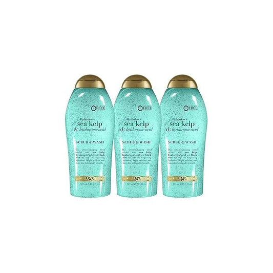 OGX Hydration + Sea Kelp & Hyaluronic Acid Sulfate-Free Lightly Moisturizing Body Scrub with Black Rice, Gentle Exfoliating Daily Wash to Soften Smooth Skin, 19.5 Fl Oz (pack of 3)