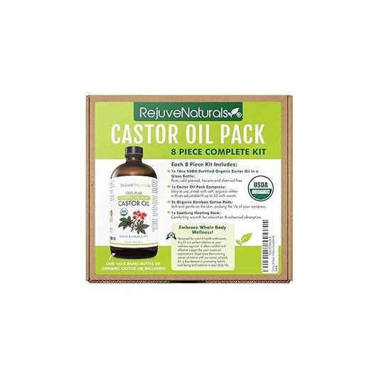 RejuveNaturals Castor Oil Pack - 8 Piece Complete Kit. Includes 16oz Glass Bottle of Organic Oil, Easy to use Compress with Adjustable Fit, 5 Soft Cotton Pads & Soothing Heat Pack..
